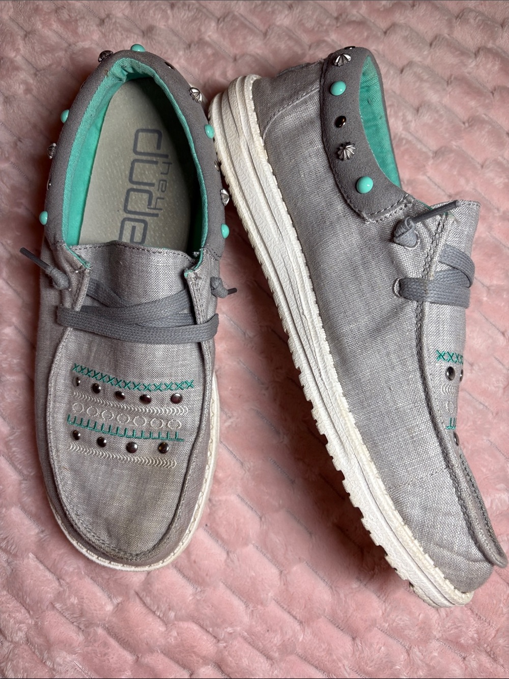 Hey Dude Wendy Gray Canvas Studded Slip-On Loafers Women's Casual Shoes